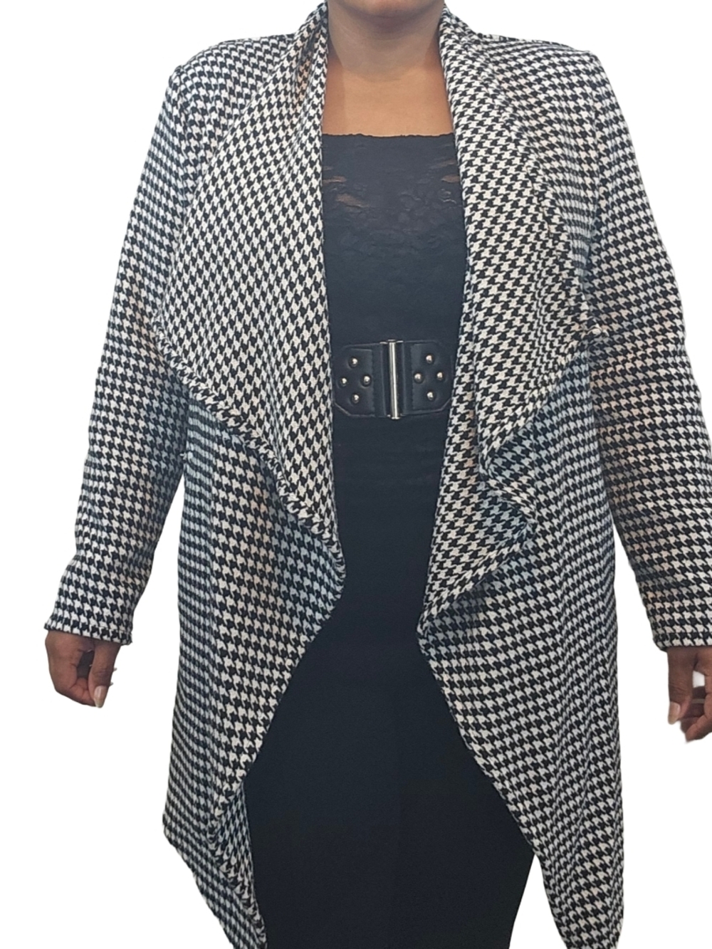 Black & White Houndstooth Open Front Draped Coat